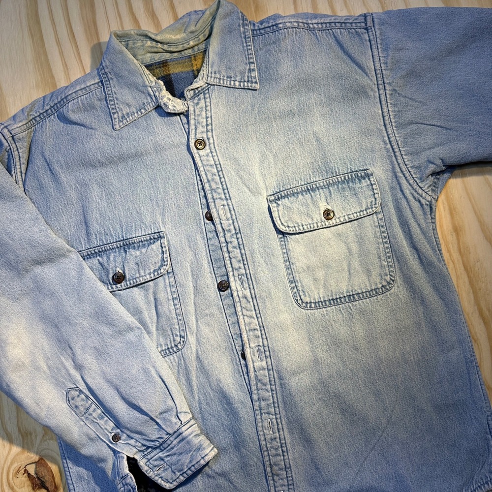 Vintage Mens Light Wash Flannel Lined Denim Work Shirt Distressed Size Large